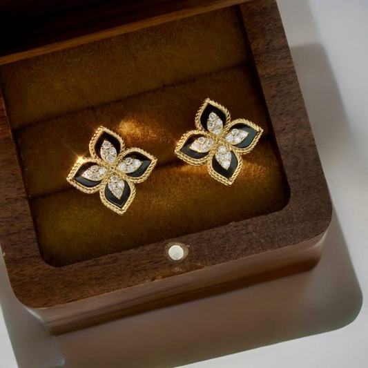 Luxury Black & Gold Floral Stud Earrings – Crystal-Embellished Four-Petal Design for Women