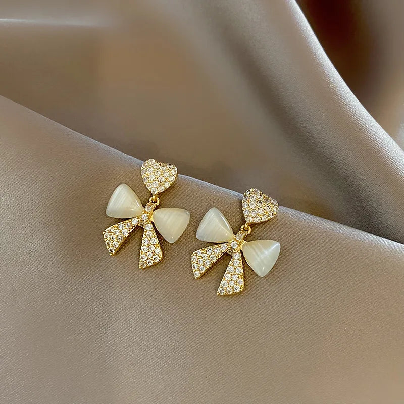Heart Bow Zircon Stud Earrings – Elegant Korean-Style Golden Alloy Earrings
