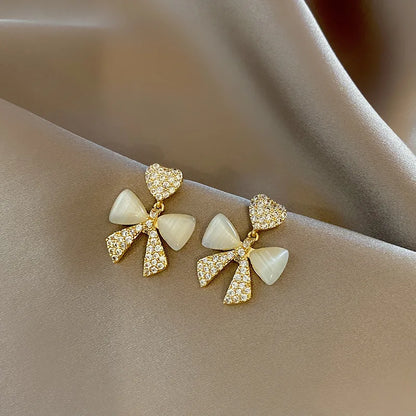 Heart Bow Zircon Stud Earrings – Elegant Korean-Style Golden Alloy Earrings