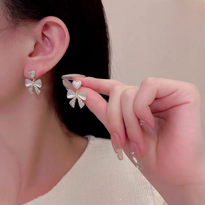 Heart Bow Zircon Stud Earrings – Elegant Korean-Style Golden Alloy Earrings