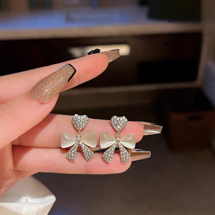 Heart Bow Zircon Stud Earrings – Elegant Korean-Style Golden Alloy Earrings
