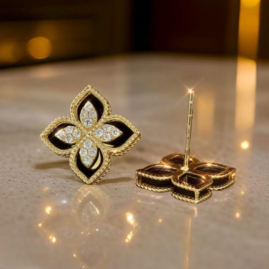 Luxury Black & Gold Floral Stud Earrings – Crystal-Embellished Four-Petal Design for Women
