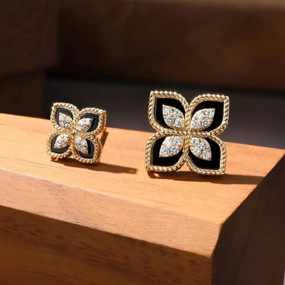 Luxury Black & Gold Floral Stud Earrings – Crystal-Embellished Four-Petal Design for Women