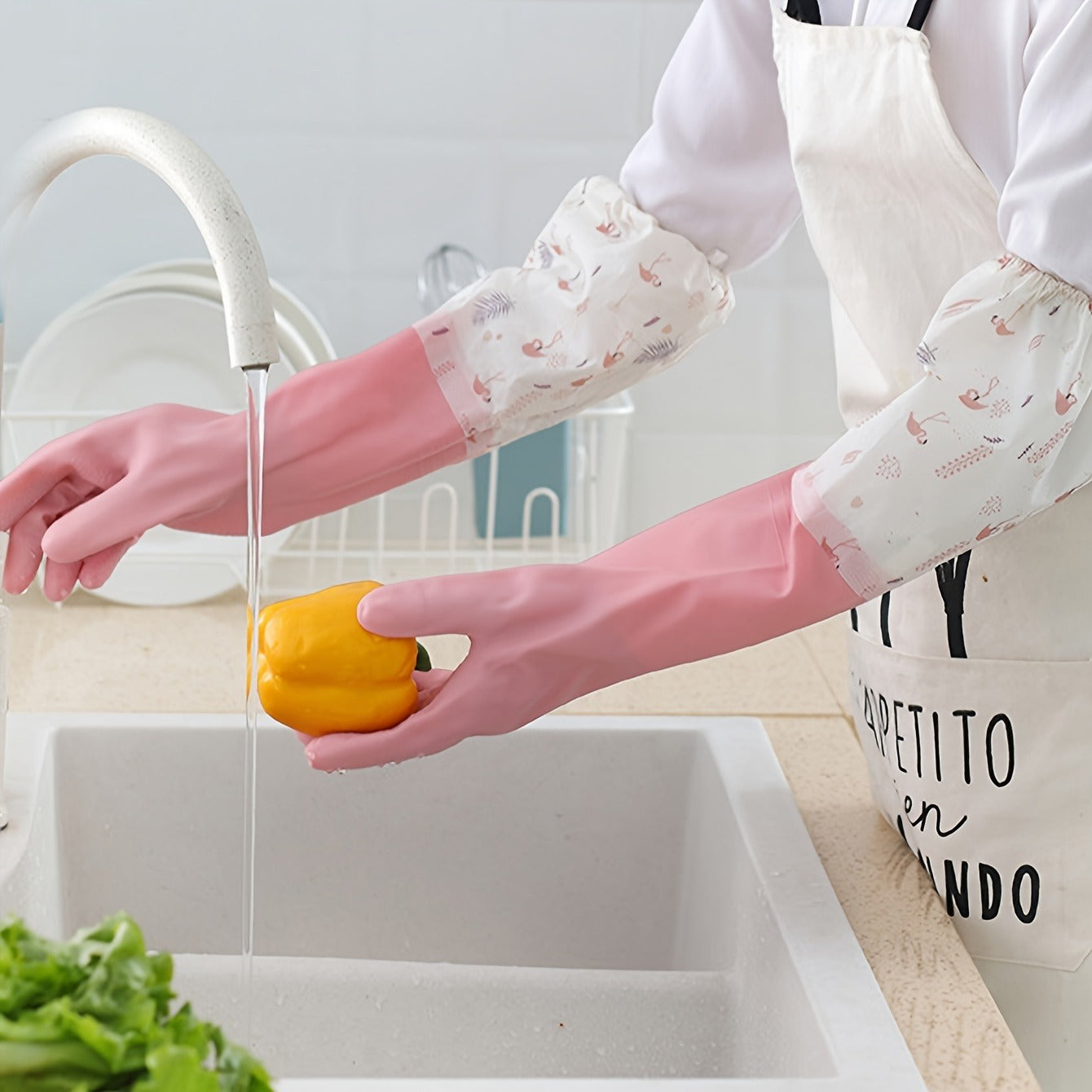 Long Reusable Dishwashing Gloves – Waterproof, Anti-Slip, Fleece-Lined
