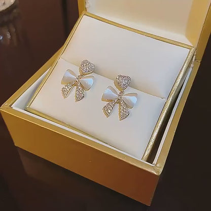 Heart Bow Zircon Stud Earrings – Elegant Korean-Style Golden Alloy Earrings